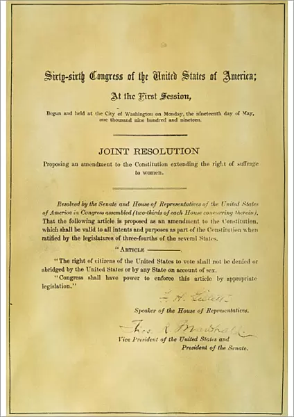 19th AMENDMENT, 1919. The Congressional Resolution for the submission of the Nineteenth Amendment to the Constitution to the state legislatures for ratification, 1919