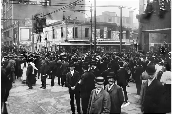 PRESIDENTIAL CAMPAIGN, 1908. Crowds in St. Louis, Missouri, gathered at the intersection of 12th Street and Delmar Boulevard to hear Republican candidate William Howard Taft (at rear of streetcar) speak on his whistle-stop tour during the U. S. presidential campaign of 1908