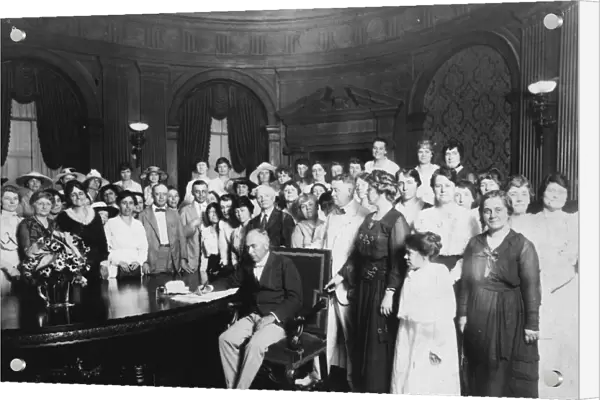 19th AMENDMENT, 1919. Missouri Governor Frederick Gardner signing the resolution ratifying the 19th constitutional amendment, 1919. Photograph by Carl Deeg