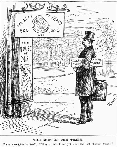 The Sign of the Times. Cartoon, 1885, by Thomas Nast on the arrival in Washington of newly inaugurated President Grover Cleveland and his policies of civil service reform and honest money
