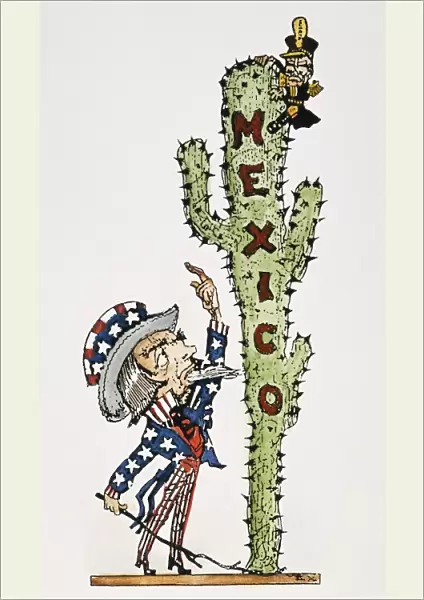 American cartoon, c1914, showing a stern-faced Uncle Sam, switch in hand to use if necessary, trying to remove Mexican President Victoriano Huerta from his perch