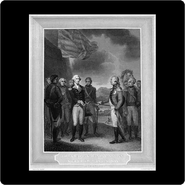 British General Charles Cornwallis surrendering to American General George Washington at Yorktown, Virginia, which ended the fighting in the American Revolution, 19 October 1781. Line engraving, mid-19th century