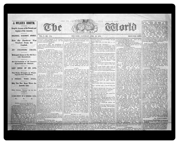 Front page of The World, 29 April 1865, with a report on the capture of John Wilkes Booth