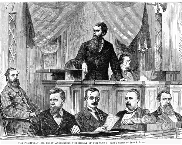 The Florida Case. Presiding Senator Thomas Ferry announcing the Commissions decision, February 1877, to award twenty disputed electoral votes, and the 1876 Presidential election, to the Republican candidate, Rutherford B. Hayes. Contemporary American engraving