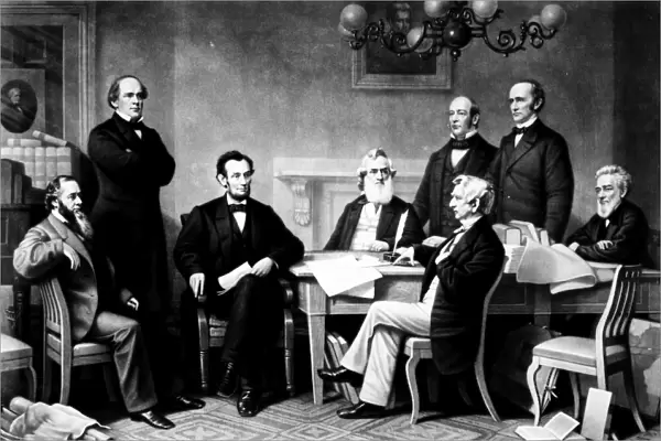 The first reading of the Emancipation Proclamation before President Abraham Lincolns cabinet in 1862. Standing left to right: Salmon P. Chase, Caleb B. Smith, Montgomery Blair; seated left to right: Edwin M. Stanton, President Lincoln, Gideon Welles, William H. Seward, Edward Bates. Engraving, 1866