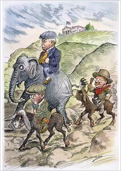In the 1912 presidential campaign, Republican William Taft, Democrat Woodrow Wilson and Theodore Roosevelt, the Progressive or Bull Moose candidate, start off on the rough road in the three-way race to the White House. Contemporary cartoon by Clifford Berryman