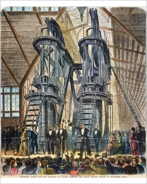 Brazilian Emperor Dom Pedro II and President Ulysses S. Grant starting the Corliss Engine at the opening ceremonies of the Centennial Exposition at Philadelphia on 10 May 1876. Contemporary engraving