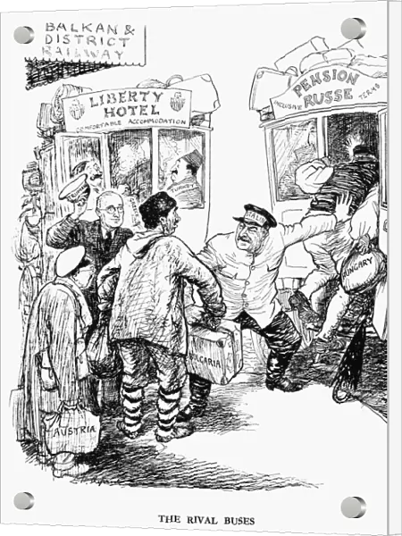 The Rival Buses. English cartoon by Ernest Howard Shepard from Punch, 1947, caricaturing U. S. President Harry Truman (left) and Soviet dictator Joseph Stalin as rival bus drivers competing for passengers in central and southeastern Europe