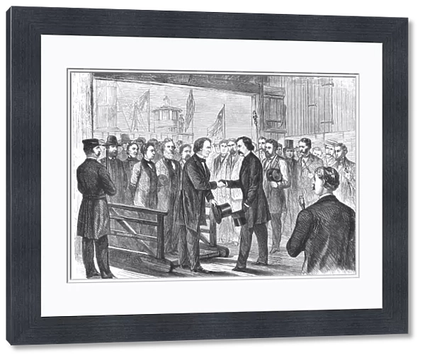 17th President of the United States. Mayor of New York, John Thompson Hoffman, greets President Andrew Johnson at Pier 1 in New York, 29 August 1866