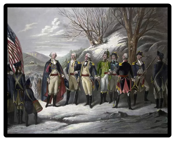 The Heroes of the Revolution. Left to right: General George Washington and officers Johann De Kalb, Baron von Steuben, Kazimierz Pulaski, Tadeusz Kosciuszko, Marquis de Lafayette, and John Muhlenberg, with Continental Army troops during the American Revolutionary War. Steel engraving, mid to late 19th century, by Frederick Girsch