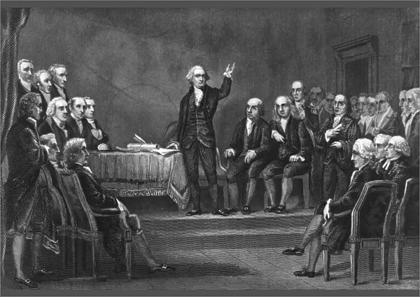 George Washington presiding at the Constitutional Convention at Philadelphia in 1787. Steel engraving, American, 19th century, after a painting by Michael Angelo Wageman