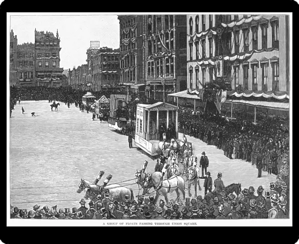 A group of floats passing through Union Square at the Industrial Parade in New York City held on 1 May 1 1889, as part of the centennial celebration of George Washingtons first inauguration. Line engraving from a contemporary American newspaper