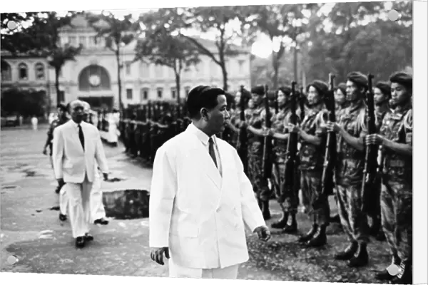 Vietnamese political leader. As President of South Vietnam, reviewing army paratrooper units outside the Central Post Office in Saigon on 1 July 1963, in his first public appearance since the outbreak of the Buddhist crisis. Walking behind him are Vice President Nguyen Ngoc Tho and Army Chief of Staff General Le Van Ty