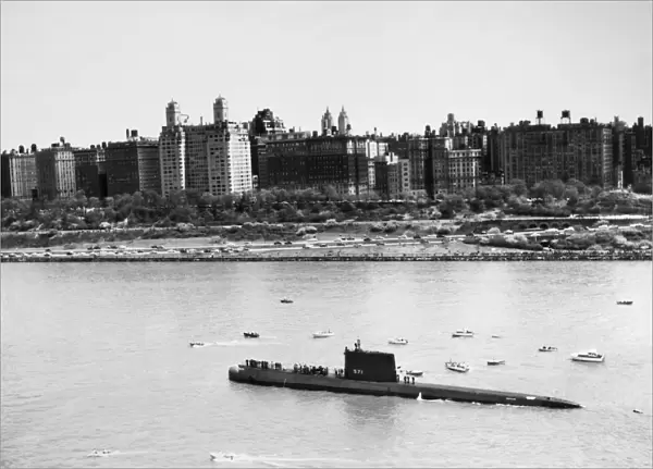 The USS Nautilus, SSN-571, the worlds first nuclear submarine, photographed in New York Harbor, 1956