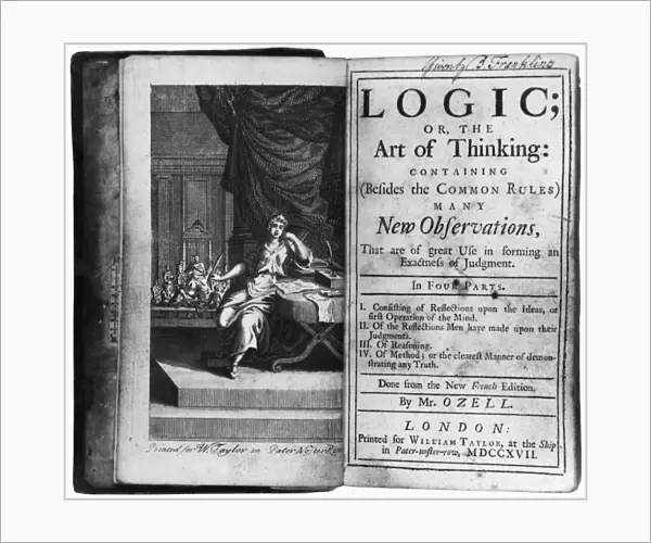 Frontispiece and title page of a 1717 edition of Logic; or, the Art of Thinking, by Antoine Arnaud and Pierre Nicole, donated to the Library Company of Philadelphia by Benjamin Franklin, whose signature appears in the top right