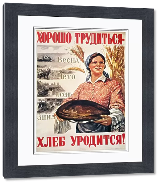 Work hard during harvest time and you will be rewarded with plenty of bread! : Russian Soviet poster, 1947, by Mikhail Solovyov