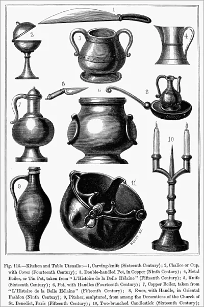 Various kitchen and table utensils from the Middle Ages. 19th century engraving