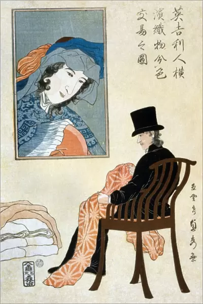 JAPAN: YOKOHAMA, c1861. An English man examining and sorting fabrics for trade in Yokohama, with a portrait on the wall possibly depicting his wife. Woodcut in colors by Sadahide Utagawa, c1861