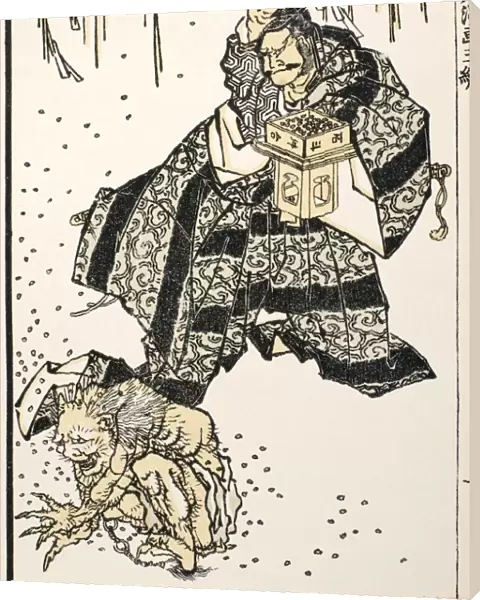 The Setsubun, or casting out of evil, ceremony at the Spring Equinox. Performed against a background of Shinto symbols by a fierce samurai and another character in the role of Evil. Woodblock print, 1816, from the Manga of Katsushika Hokusai