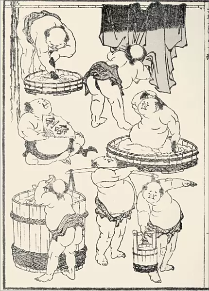 Seven sumo wrestlers going about their business. Woodblock print, 1817, from the Mangwa of Katsushika Hokusai