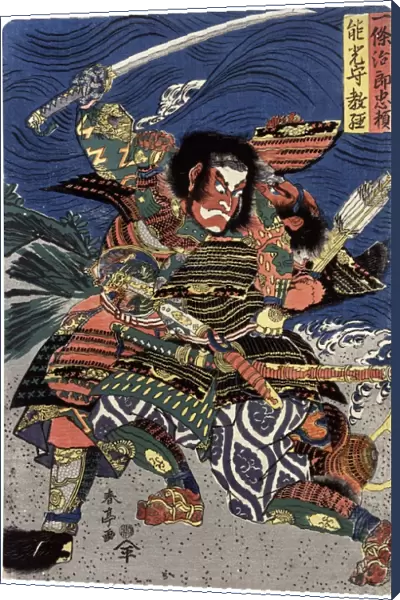 Ichijo Jiro Tadanori and Notonokami Noritsune, two Japanese samurai warriors battling each other. Woodblock print by Shuntei Katsukawa, c1820