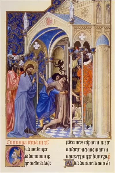 CHRIST EXORCISING A DEMON from a possessed youth: illumination from the 15th century ms. of the Tres Riches Heures of Jean, Duke of Berry