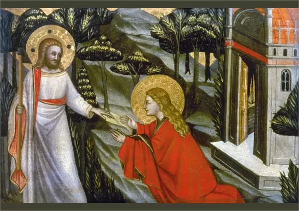 He Sayeth Unto Her, Touch Me Not. Jesus recognizes Mary Magdalene after his resurrection. Oil on canvas by Giovanni da Milano (fl. 1346-1369)