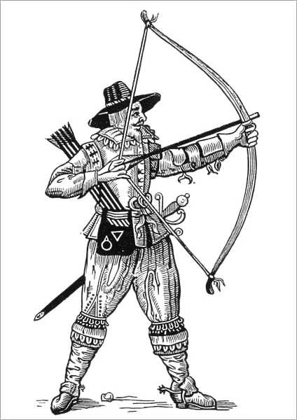 An English archer. Woodcut from Gervase Markhams Art of Archerie, 1634