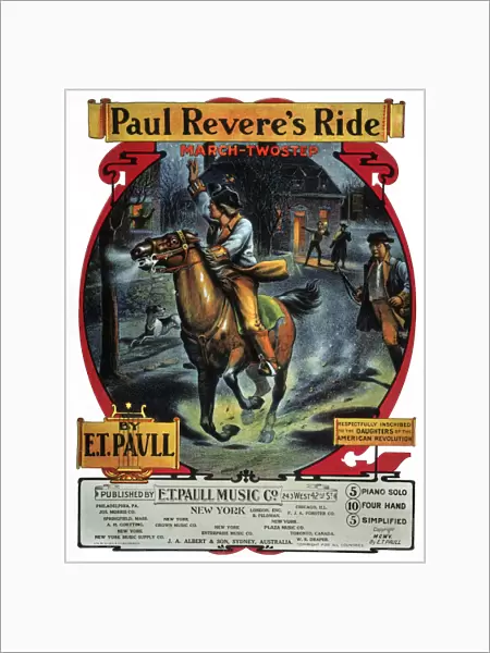 American sheet music cover, 1905, for Paul Reveres Ride, a march two-step composed by E. T. Paull, respectfully inscribed to the Daughters of the American Revolution