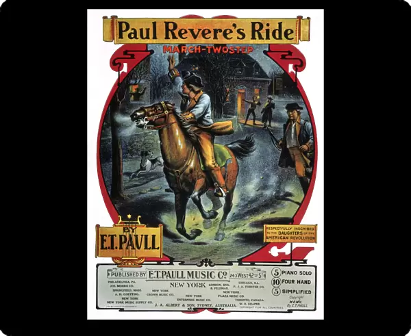 American sheet music cover, 1905, for Paul Reveres Ride, a march two-step composed by E. T. Paull, respectfully inscribed to the Daughters of the American Revolution