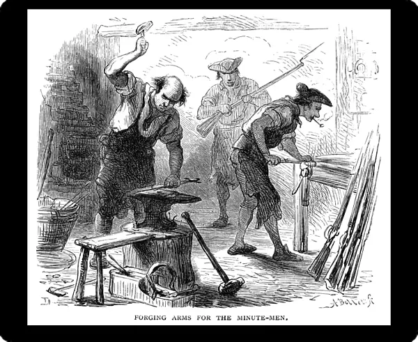 Colonial blacksmiths forging muskets for the minutemen at the outbreak of the American Revolutionary War. Wood engraving, 19th century