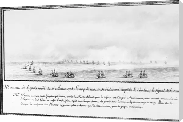 An impending storm halts an action between the French naval squadron under the command of Comte d Estaing (aiding the American cause) and the English fleet, 11 August 1778. Contemporary drawing by Pierre Ozanne