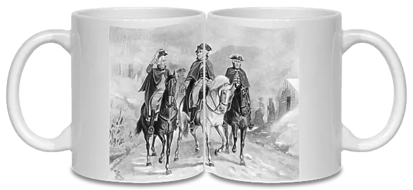 Marquis de Lafayette, George Washington, and Baron von Steuben at the Continental Armys winter encamptment at Valley Forge, Pennsylvania, winter 1778. Photogravure, American, late 19th century, after a painting by Augustus Tholey