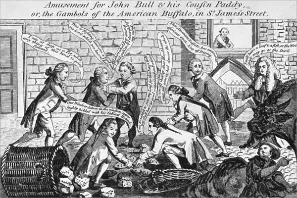Amusement for John Bull & his cousin Paddy, or, the gambols of the American buffalo in St. Jamess Street. English satirical engraving, 1 May 1783