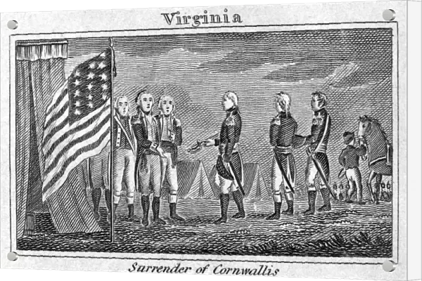 The surrender of Lord Cornwallis to Major General Benjamin Lincoln at Yorktown, Virginia, on 19 October 1781. Wood engraving, American, 1827