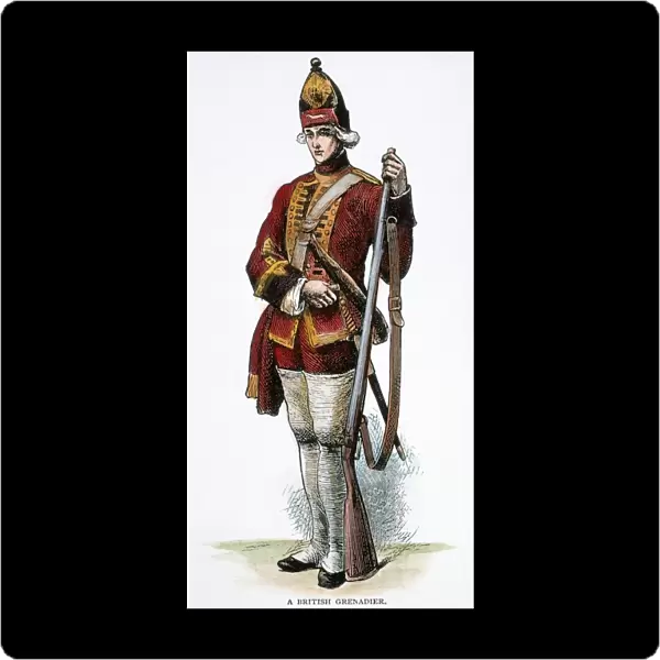 A British grenadier from the time of the American Revolutionary War. Wood engraving, 19th century