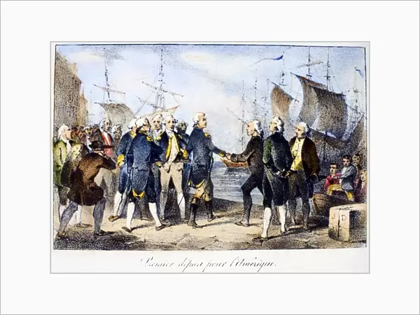 (1757-1834). French soldier and statesman. Lafayettes departure for America, 1777. Lithograph, French, 19th century