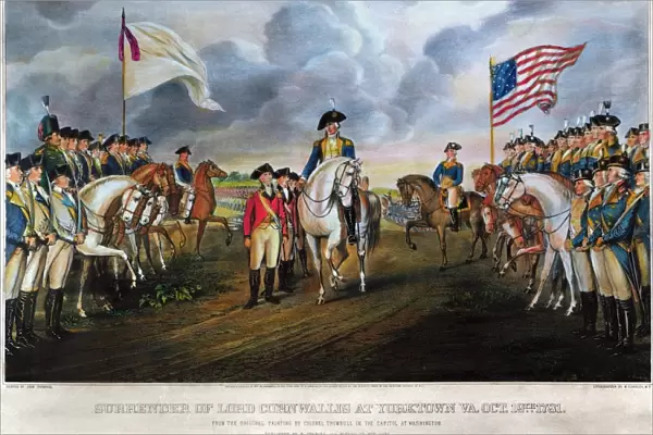 The British surrender at Yorktown, Virginia, on 19 October 1781. Lithograph, 1852, by Nathaniel Currier after John Trumbull