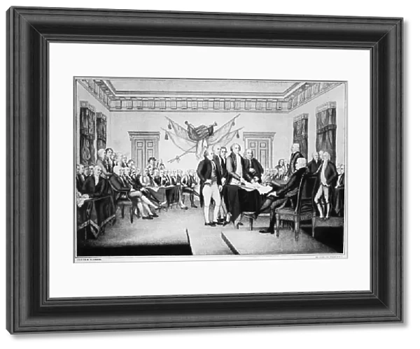 The signing of the Declaration of Independence in Congress at the Independence Hall, Philadelphia, Pennsylvania, 4 July 1776. Lithograph by Nathaniel Currier after the painting by John Trumbull