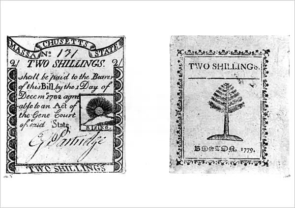 Rising Sun two shilling paper bill of 1779. Face and reverse. Engraved by Paul Revere