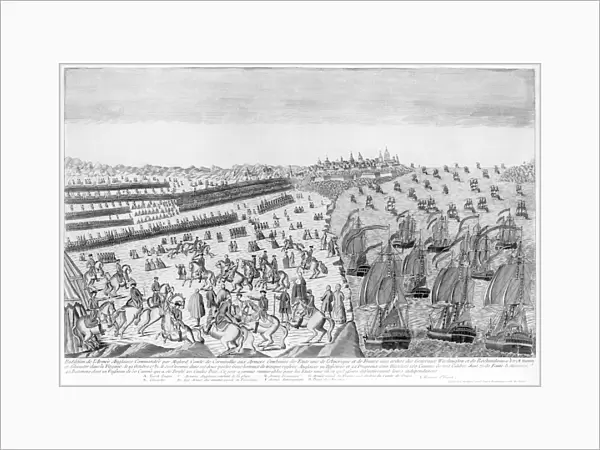 Battle of Yorktown on 19 October 1781. French line engraving depicting Yorktown as a medieval city, late 18th century