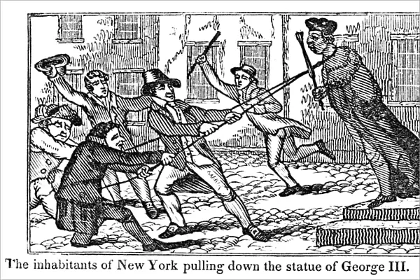 Protesters in New York pull down the statue of King George III after reading the Declaration of Independence, 9th July 1776. Wood engraving, American, c1850