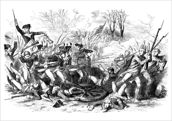 American forces driving the British back with bayonets in the Battle of Cowpens during the American Revolution, 17 January 1781. Engraving by John Andrew, 1856