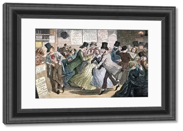 From the Gin Shop to the Dancing Rooms, from the Dancing Rooms to the Gin Shop, the Poor Girl is Driven on that Course which Ends in Misery : etching, 1848, by George Cruikshank from his series, The Drunkards Children, Plate III, on the evils of drink