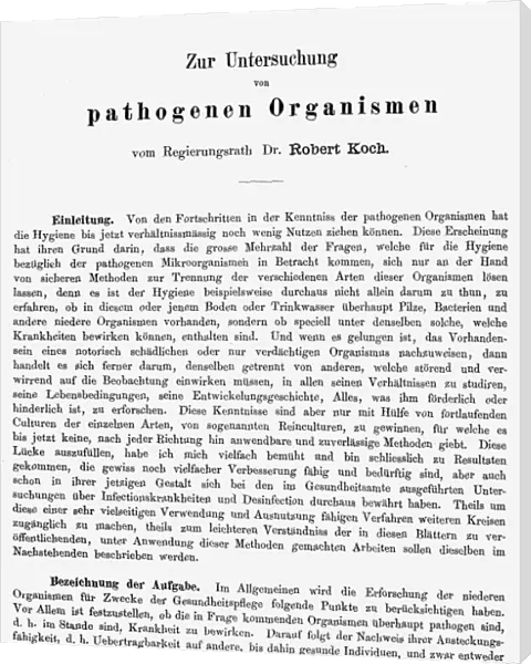 The first page of Robert Kochs paper on his method of obtaining pure cultures of micro-organisms by plating nutrient media containing gelatin. Published at Berlin, Germany, 1881