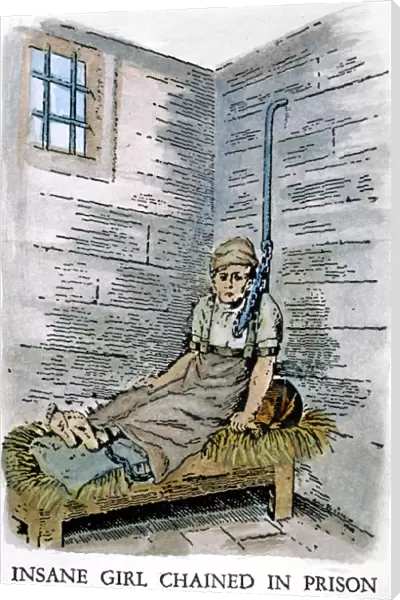 A mentally ill woman being kept chained in a prison cell. Line engraving, 19th century