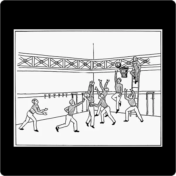 The First Game of Basketball. Drawing, c1892
