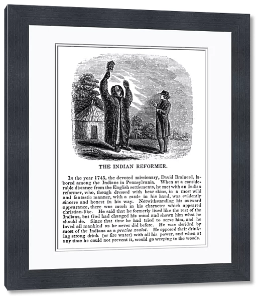American missionary. Brainerd encounters a Native American shaman in the Pennsylvania wilderness, 1745. Wood engraving, American, c1840