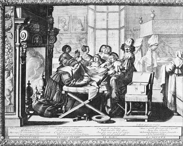 A woman giving birth with the aid of a midwife. Etching, 1633, by Abraham Bosse