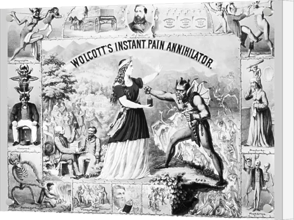 Lithograph American patent medicine poster for Wolcotts Instant Pain Annihilator, 1867